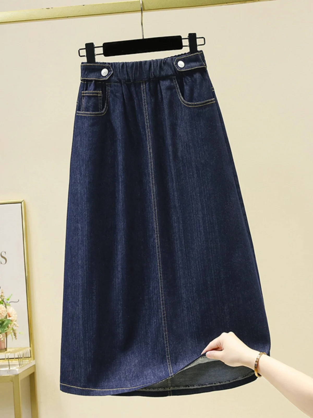 

Loose Elastic Mid-Length Denim Skirt Women's Spring New plus Size Slimming A-Line Skirt Comfortable High Waist Korean Style