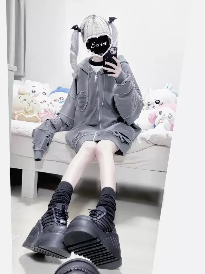 Subculture Mine Cross Hooded Jacket Autumn and Winter Girls Sweet Cool Loose Punk Y2k Long Coat Women Ripped Cardigan Jacket