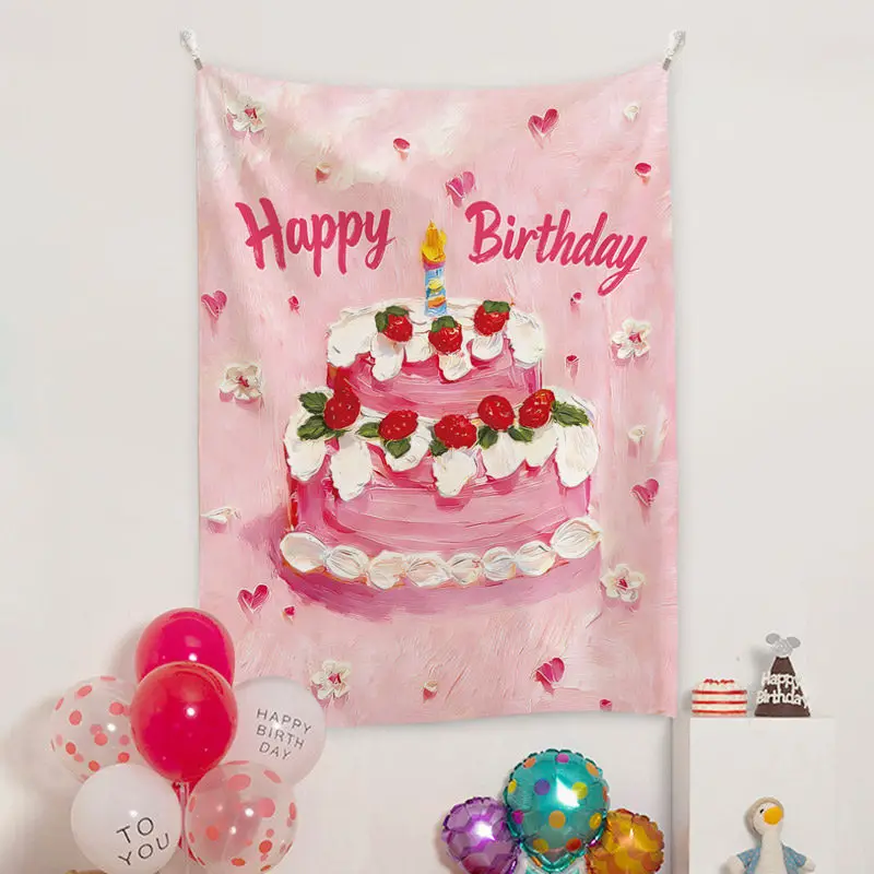 Happy Birthday Cake Tapestry, Cute Art Print Wall Hanging, Polyester Background Cloth for Birthday Party, Room Decor, Photo Back