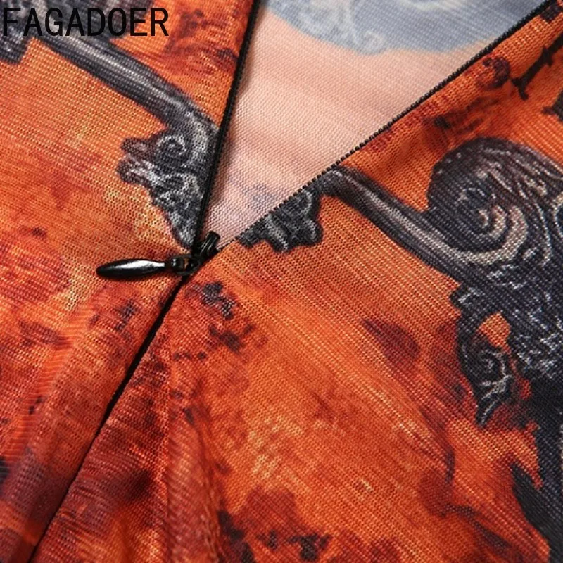 FAGADOER Sexy Aesthetics Print Bodycon Jumpsuit Women Mesh See Through Long Sleeves Rompers Female Streetwear Overalls 2025 New