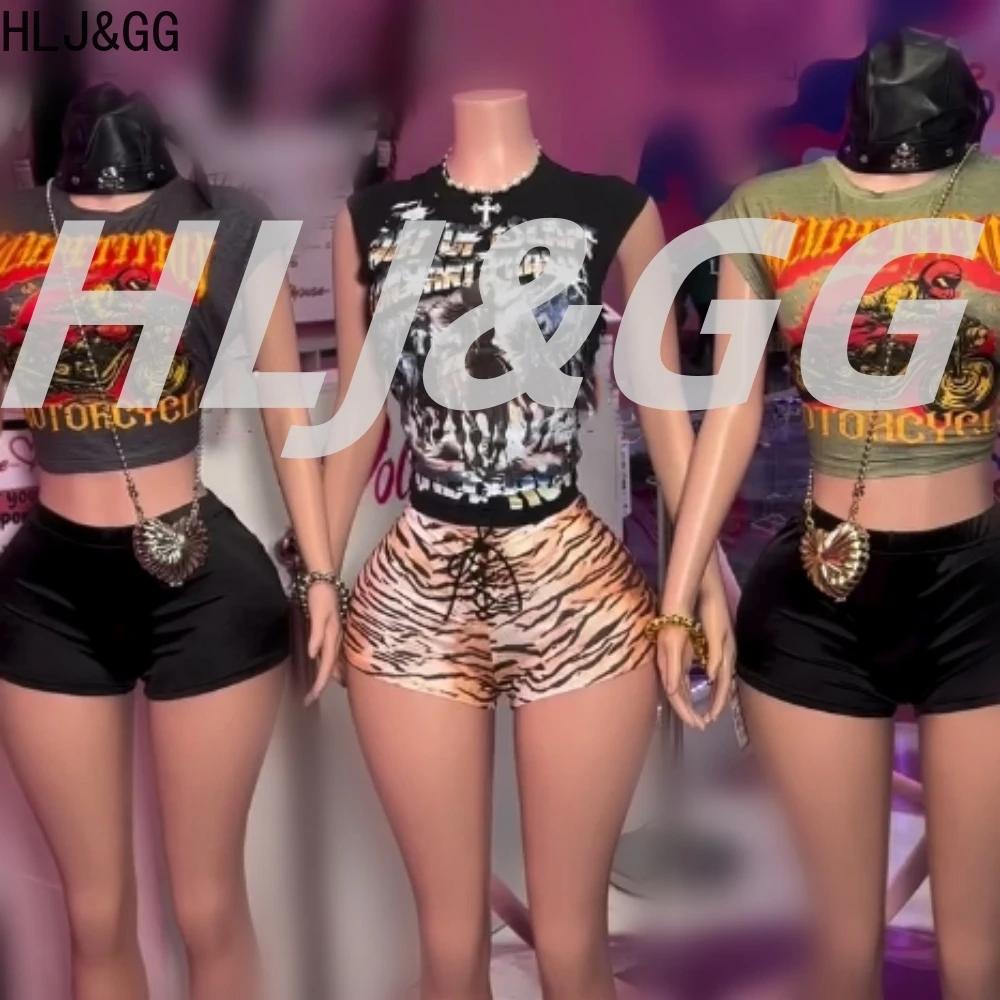

HLJ&GG Y2K модные футболки без рукавов с узором и принтом, комплекты из двух предметов, женский свободный топ с круглым вырезом + шорты, летняя уличная одежда