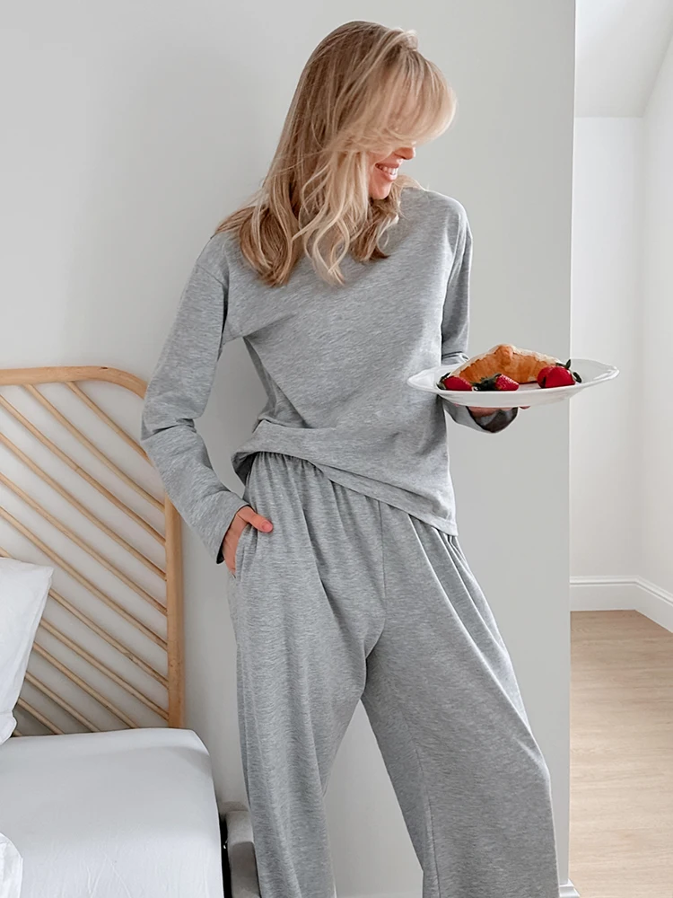 HiLoc Fashion Gray Knitted Loose Pajamas Women Suits Autumn O-Neck Long Sleeve Tops 2024 Straight Long Pants Nightwears 2 Pieces