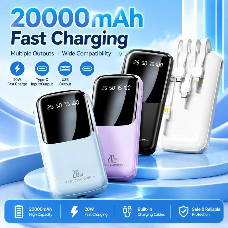 Power Bank with Four Wire Mirror Digital Display Mobile Power Supply for Commuting Travel Backup Power