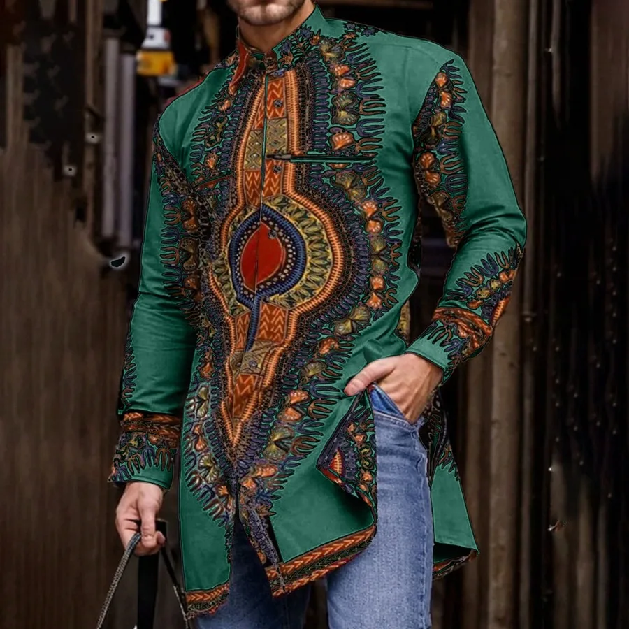 2025 New in African Clothing Men's Mid-length Shirts Ethnic Style Printing Color Matching Fashion Casual Long Sleeve Top Blouses