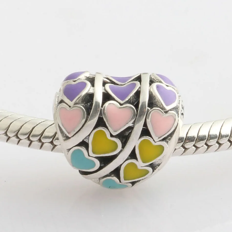 

Authentic S925 Silver Bead Multi-Color Hearts Charm Mixed Enamel for Lady Bracelet & Bangle Women DIY Jewelry