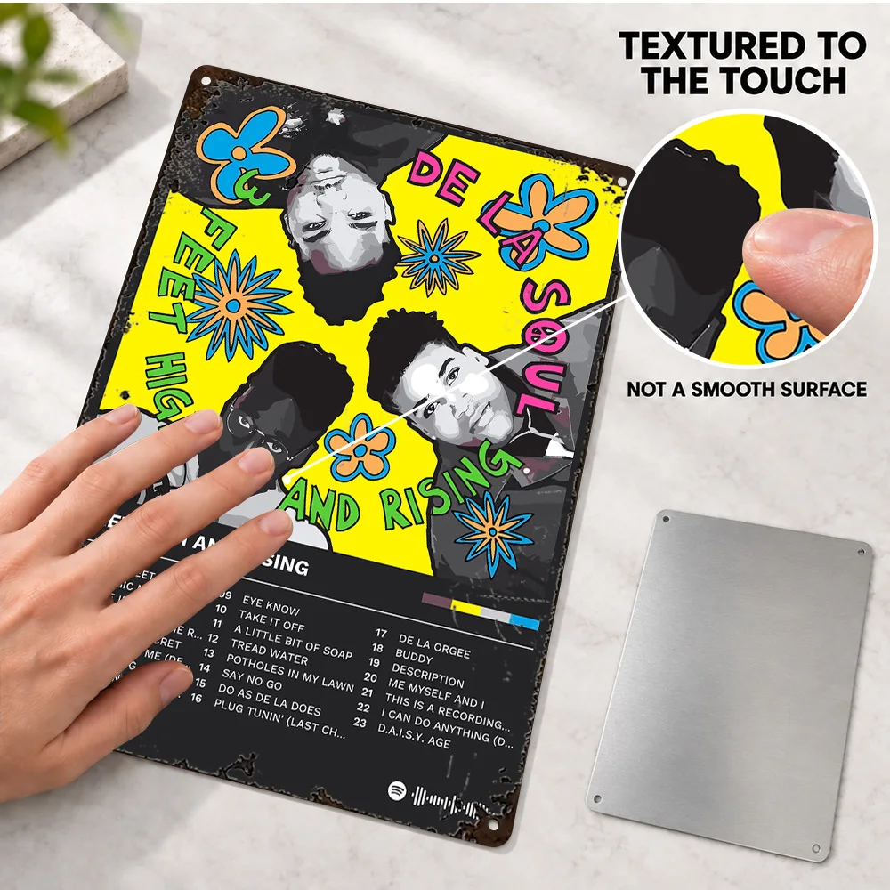 De La Soul 3 Feet High Rising Aluminum Poster Personalized Metal Sign Bright Floral Portrait Collage Wall Art For Music Room