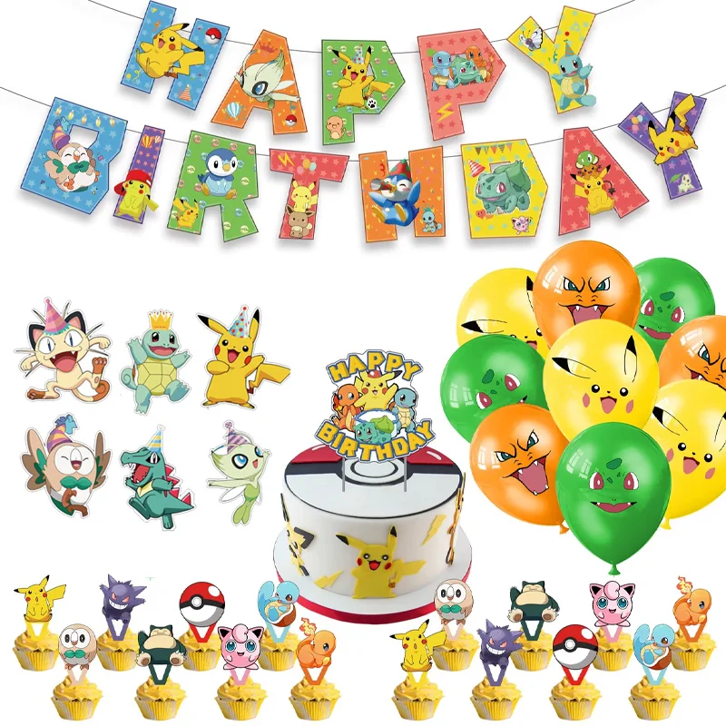 Pokemon Pikachu fiesta de cumpleaños decoraciones DIY tema de Anime vajilla tazas plato bandera globos piñata suministros de fiesta para niños