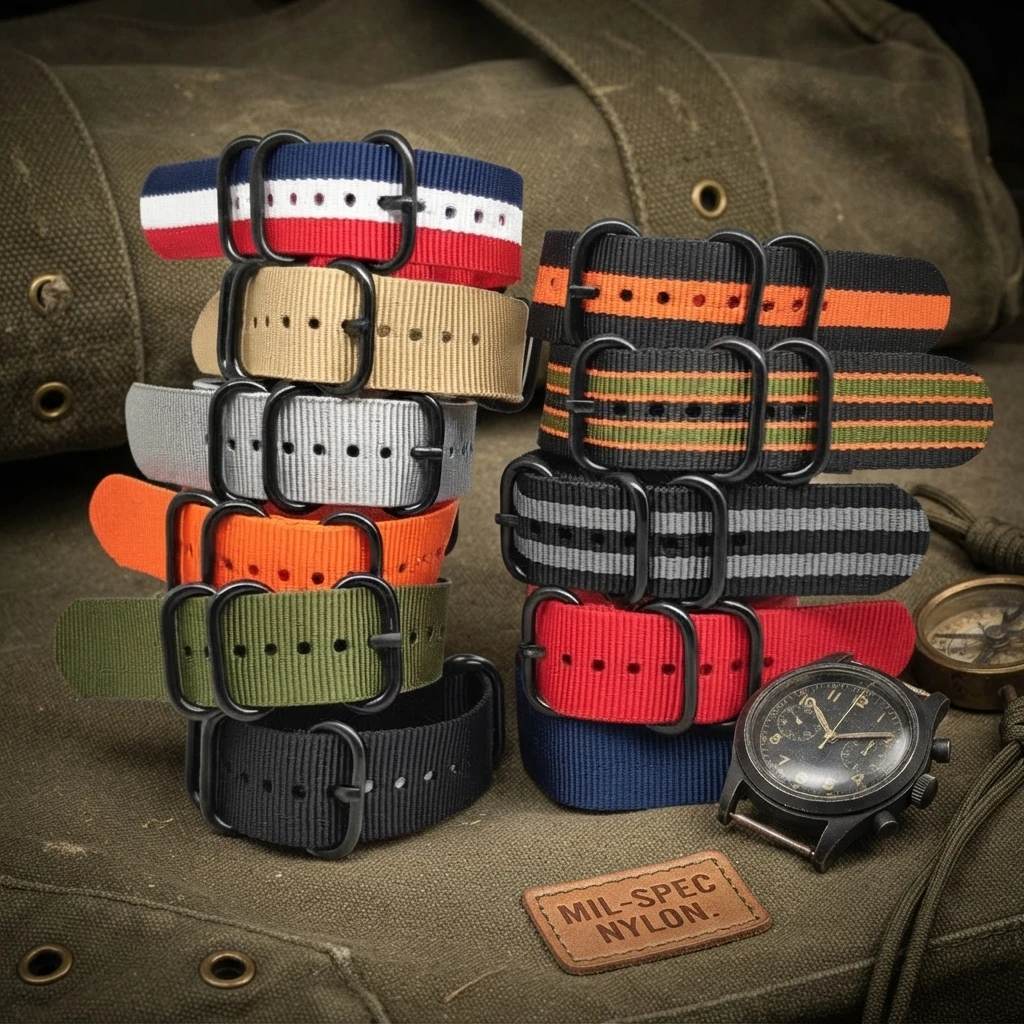 Nylon-Uhrenarmband 18mm 20mm 22mm 24mm, gewebtes Armband aus Militärstoff, solides Armband, schwarzer Gürtel mit Schnalle