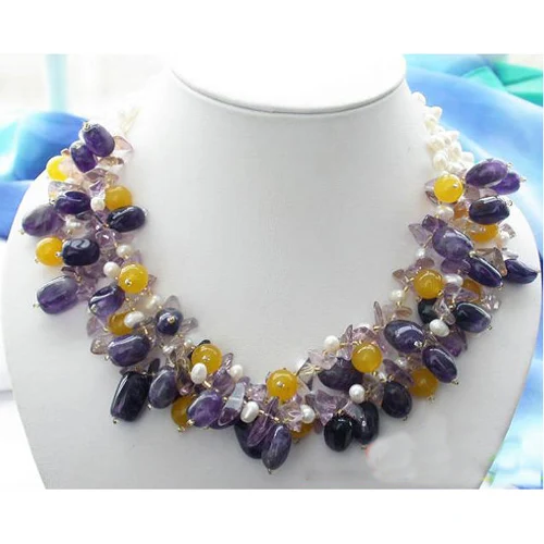 Favorite Pearl Jewelry,3Row White Rice Pearl Amethyst Topaz Jade Necklace,Classic Wedding Birthday Party Nice Women Gift