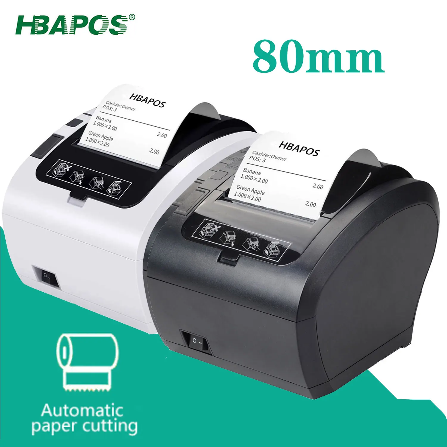 HBAPOS Thermal Receipt Printer 80MM Supermarket POS Kitchen Printer Auto Cutter Support Cash Drawer Wall Mount ESC/POS