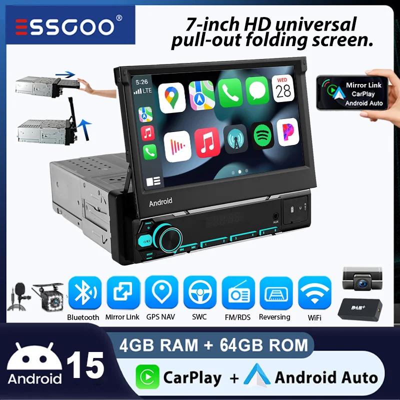 Autoradio Universale ESSGOO Android15 7" 4+64 GB Manuale Retrattile Estensibile Pieghevole Touchscreen 1DIN CarPlay Wireless Navigazione GPS RDS WiFi FM Bluetooth Controlli al Volante Mirror Link