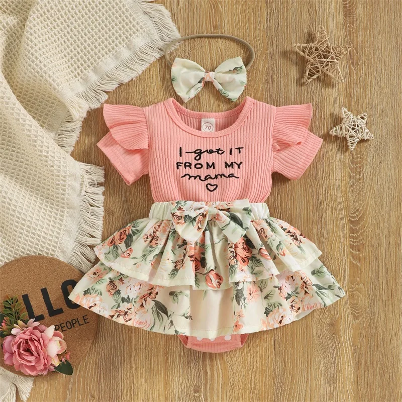 

Adorable Baby Girls Floral Romper Set with Matching Headband Flutter Sleeve Crew Neck Summer Dress for Little Ones