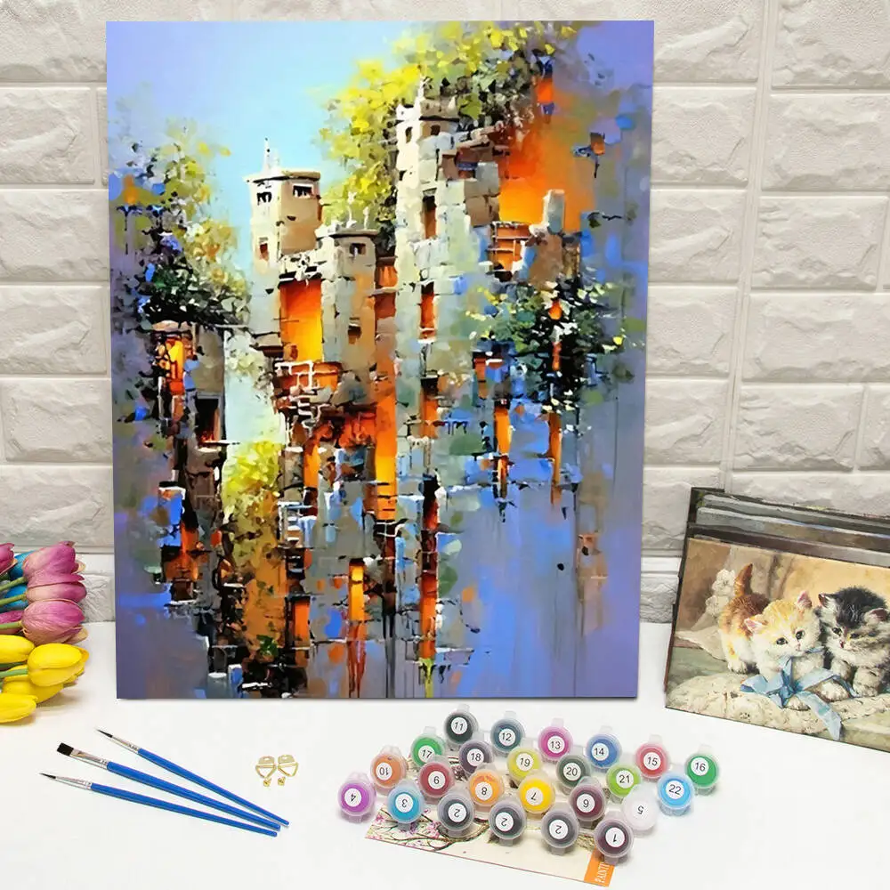 Ölgemälde nach Zahlen, Berglandschaft, DIY, digitale Malerei, Haus, Baum, Landschaft, Bild, Kunsthandwerk auf Leinwand, handgemaltes Geschenk
