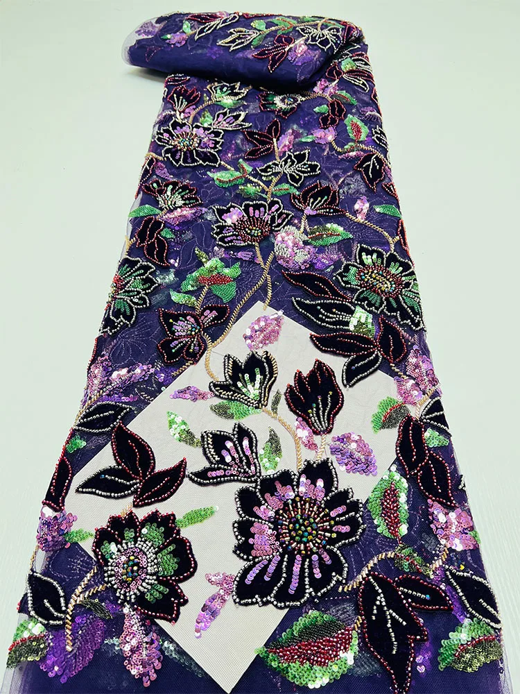 

New Purple Embroidered Me Fabric Heavy Work Embroidery Design Bead Tube iny Sequin Dr Fabric Cusized Plant Floral