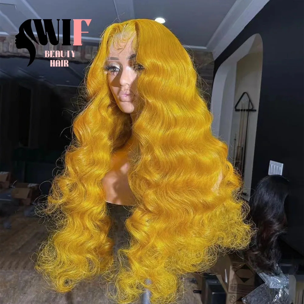 WIF Yellow Wig Hair Long Wave Lace Wig Fashion Yellow Heat Resistant Body Wave Synthetic Lace Front Wigs for Women Cosplay Use