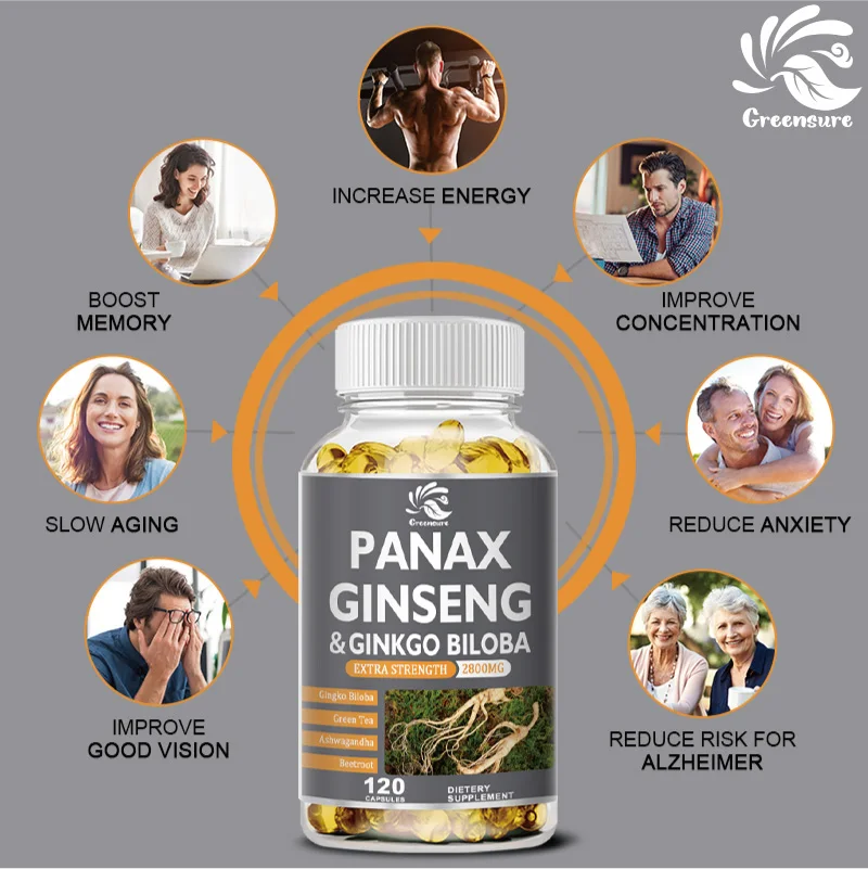 Red Panax Ginseng + Ginkgo Capsules | 60/120 Capsules | 2,800mg | Vegetarian, Non-GMO, and Gluten Free Supplement