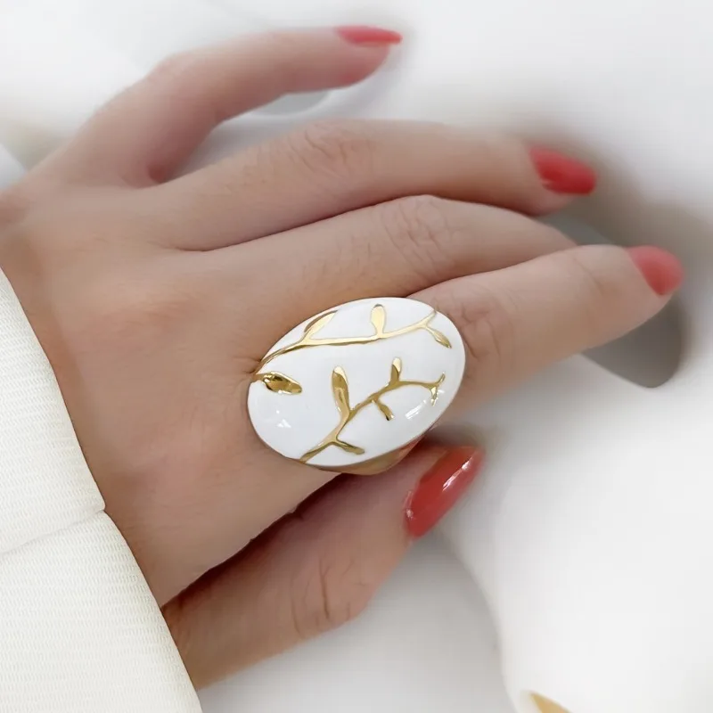 Minar Personality White Color Enamel Branch Charm Rings for Women  Gold PVD Plated Stainless Steel Geometric Finger Ring