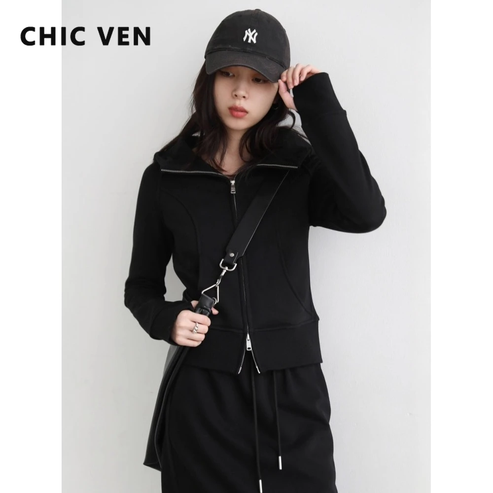 CHIC VEN Women Sweatshirts Fashion Casual Sport Hooded Solid Slim Double Zipper Tops Korean Ladies Hoodies Autumn Winter 2025