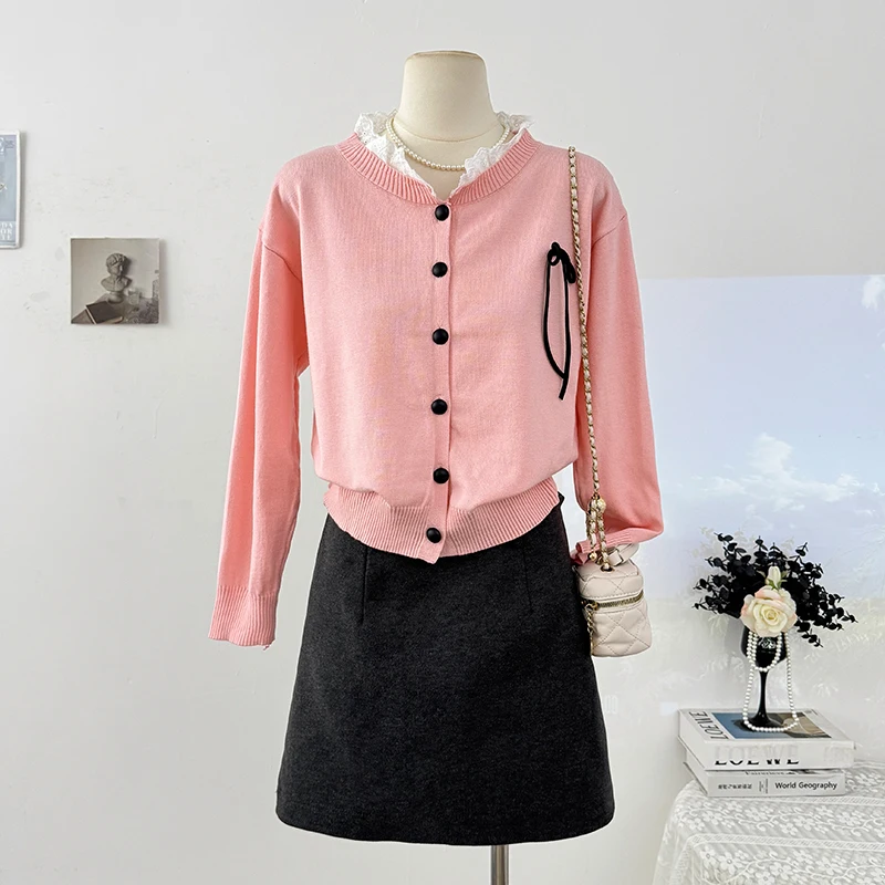 Cárdigan de punto con cuello levantado y empalme de encaje suave para mujer, suéter elegante con lazo de estilo coreano, abrigo holgado