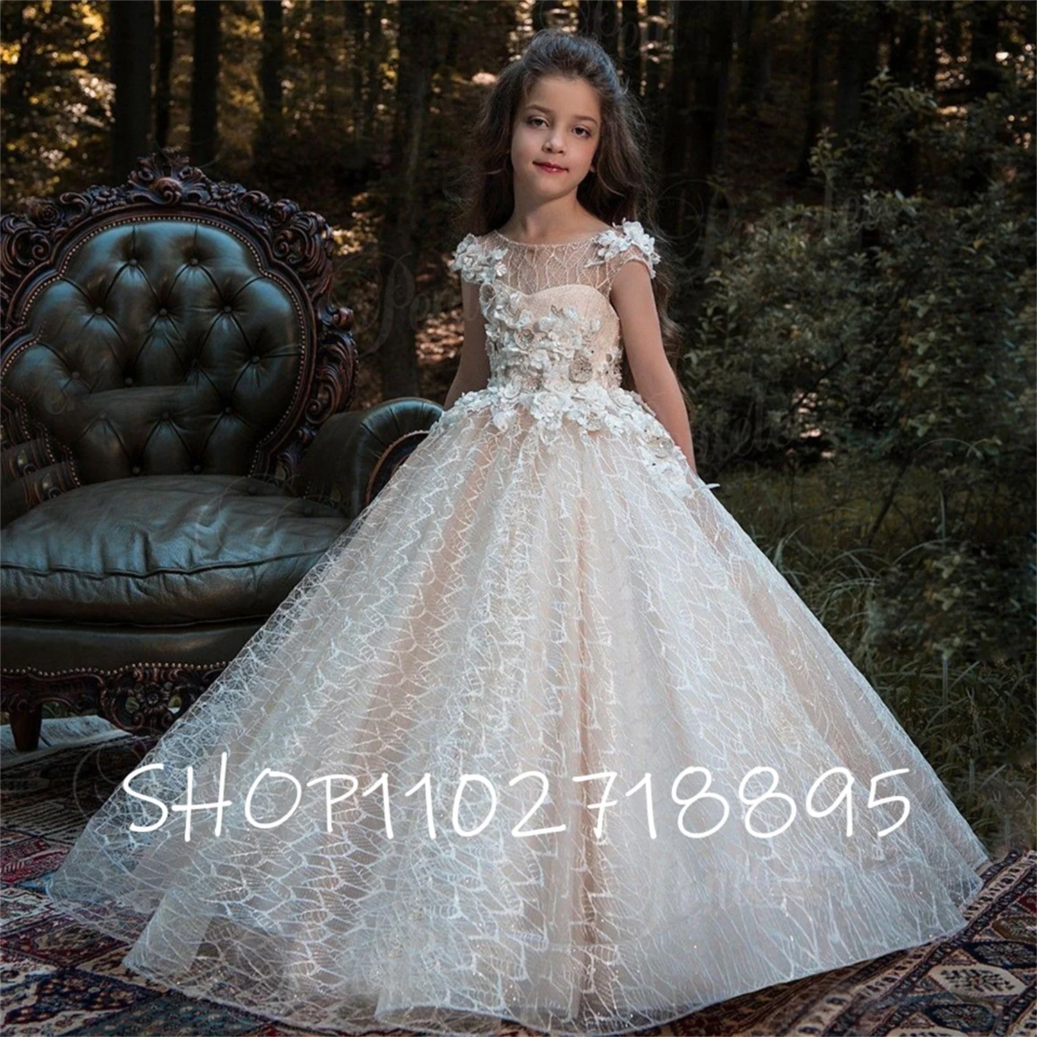 Baby Girls Party Dress Kids Beading Puff Sleeves Plain Ball Gowns Children Baptism 1st Birthday Flower Girl Dresses for Wedding