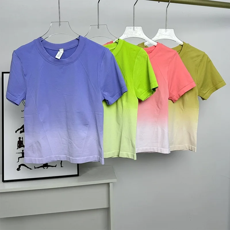 Seamless One-Piece Woven Yoga Wear Sports Top, Gradient Color Short-Sleeve T-shirt For Summer