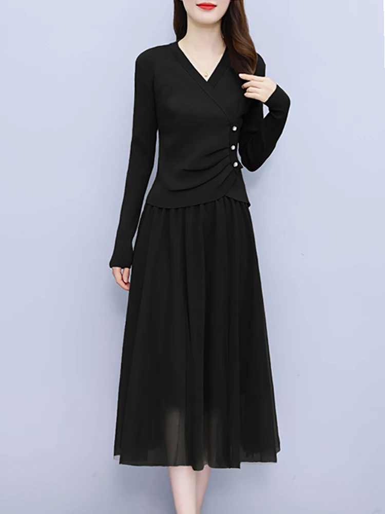 2024 Autumn Winter Two Piece Dress Set Long Sleeve Casual Black Party Night Long Vestidos Women Elegant Bodycon Solid Midi Dress