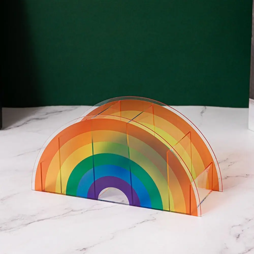 

Acrylic Rainbow Pen Holder Colorful with 5 Grids Makeup Brush Storage Rack Multi Functional Arch Bridge Design