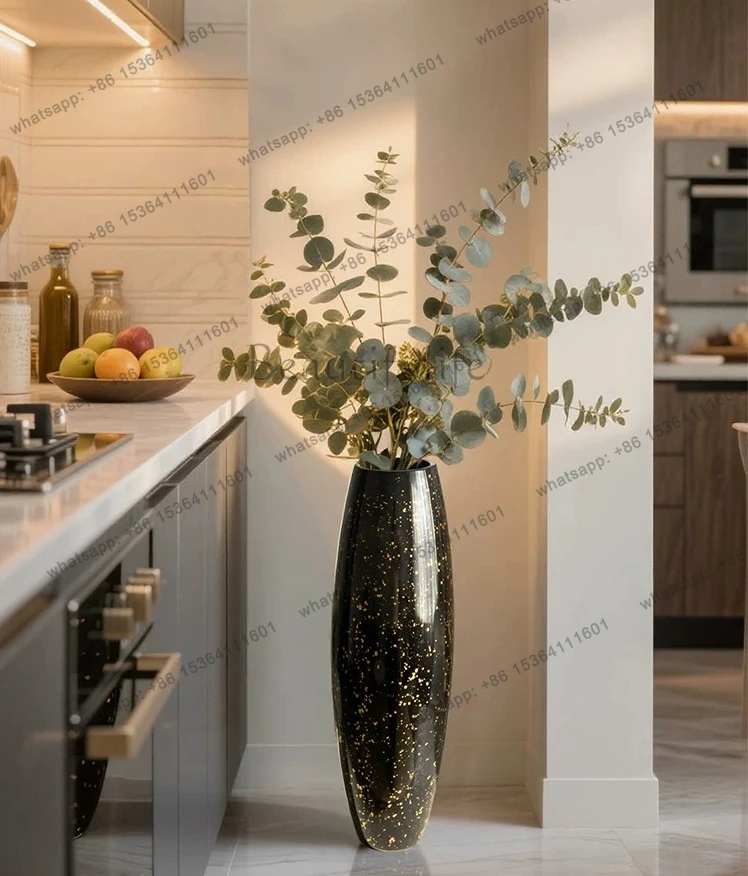 Floor-to-ceiling vase glass transparent black high flower arrangement long branch light luxury high-end ornament large