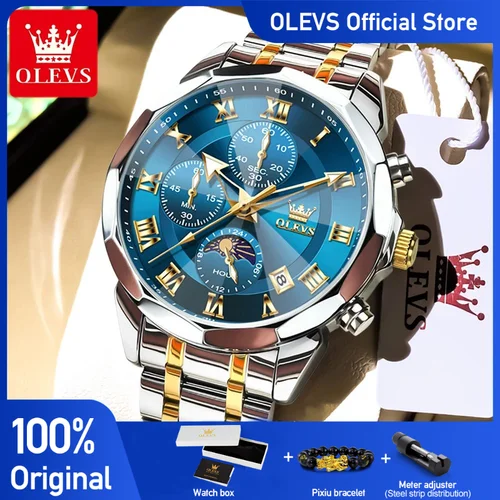 OLEVS 3675 Reloj para hombre, Reloj de cuarzo con cronógrafo multifuncional Original, relojes de fase lunar para hombre, relojes impermeables para regalo para hombre
