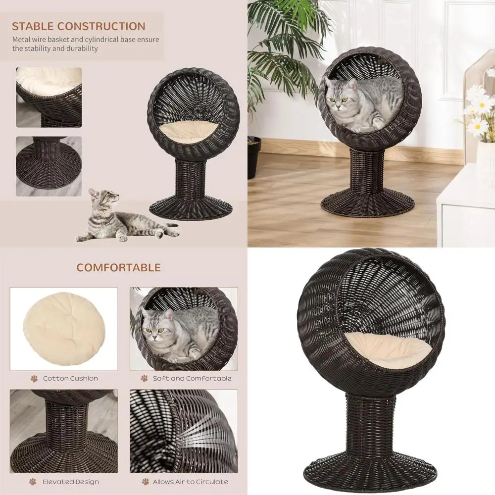 

Luxury Rotating Egg Chair Cat Bed with Cushioned Basket and Natural Grass Woven Kitty Home