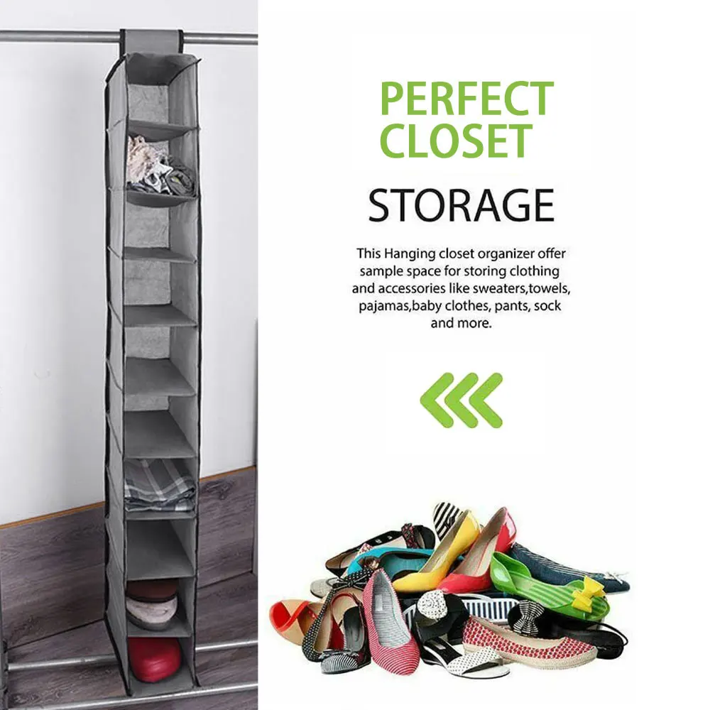 10-Shelf Hanging Shoe Organizer Multifunctional Household Foldable Wardrobe Hanging Storage Bag for Shoes Underwear Clothes