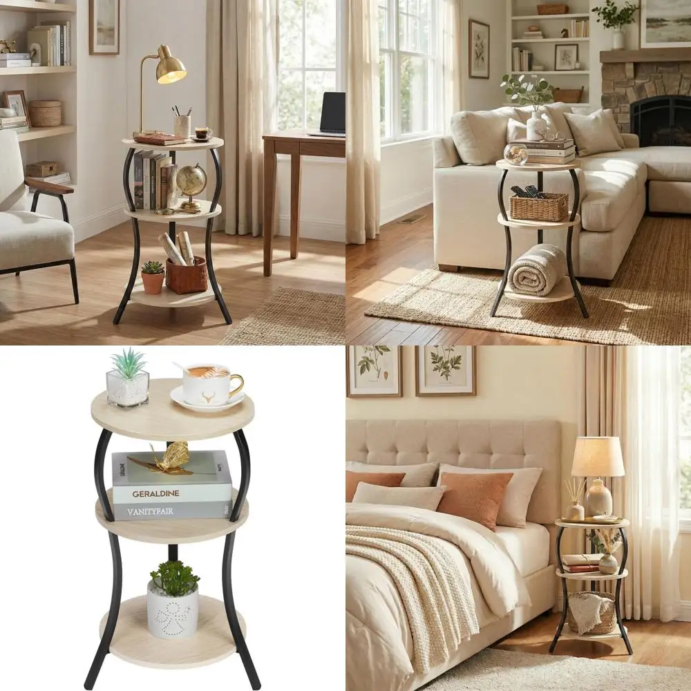 

Компактный 3-ярусный круглый приставной столик с местом для хранения, дуб - идеально подходит для небольших помещений в гостиной, спальне