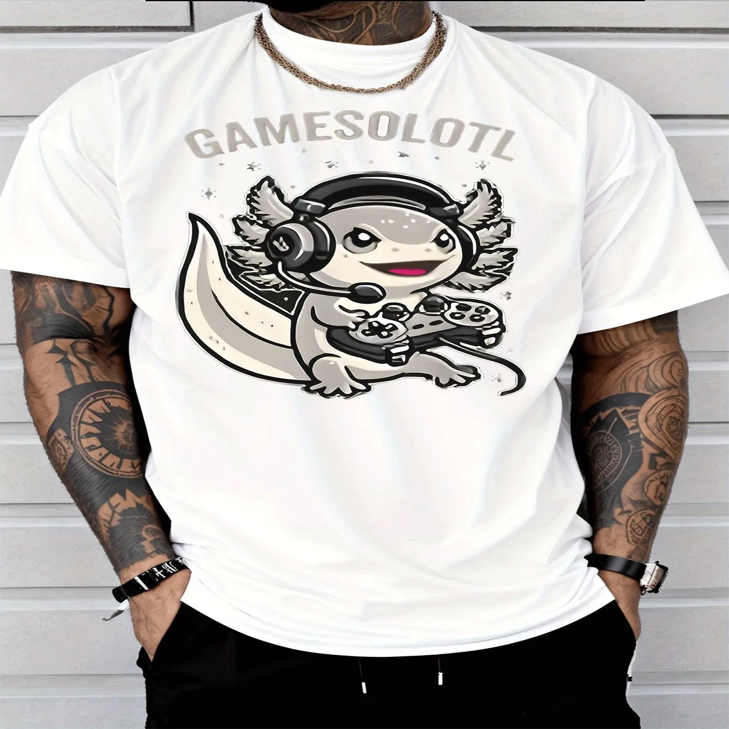 Men'S Fashion Casual Street Style Black T-Shirt with Axolotl Gamer Headset Controller Graphic Gamesolotl Pattern Adults Men Casual Wear for Gaming Lovers Daily Outfit Gift for him, Retro graphic tee