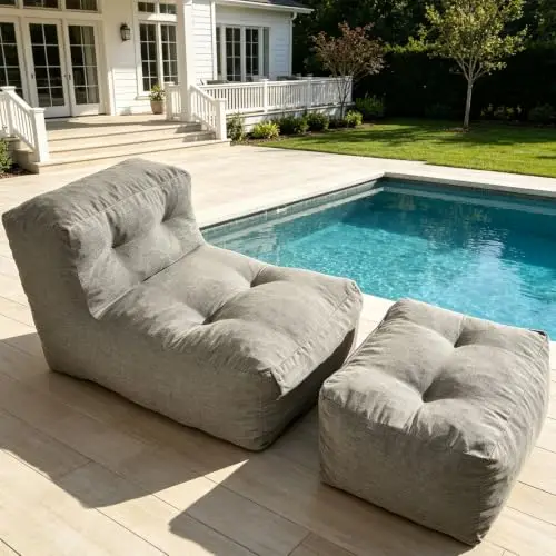 Outdoor Bean Bag Chairs for Adults with Ottoman Indoor, Gray | Waterproof 2 in 1 Beanbag Couch with Memory Foam