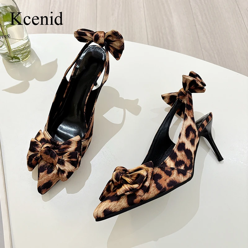 

Kcenid Stiletto Leopard Print Butterfly-knot Summer Pointed Toe Slingbacks Pumps Women High Heels Sandals Elegant Shoes Woman