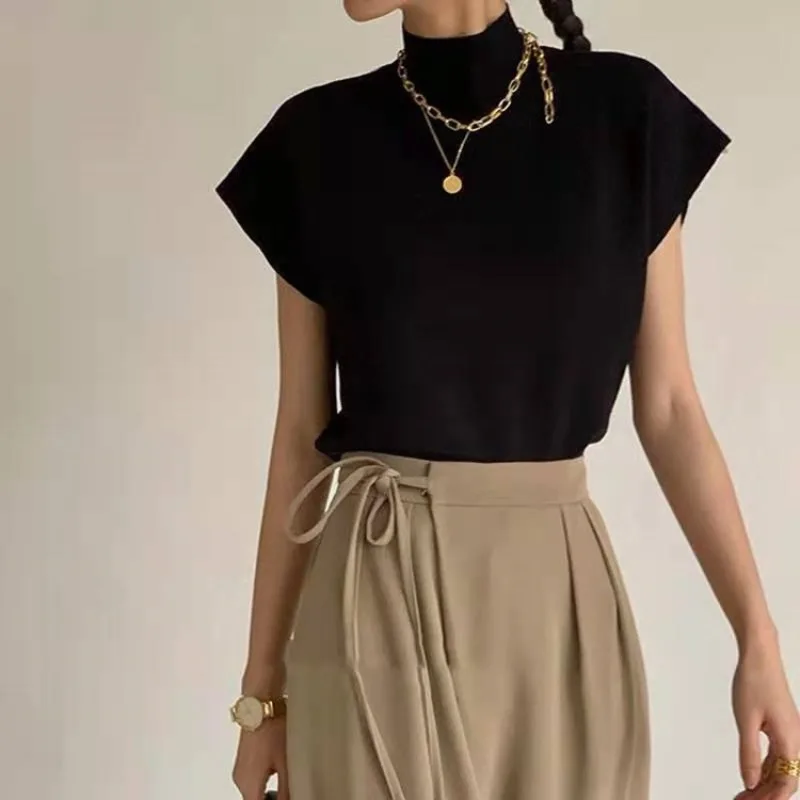 Semi-Coltrui Vest Gebreid T-Shirt Met Vleermuismouwen Dames Tops Thirt Shirt Femme