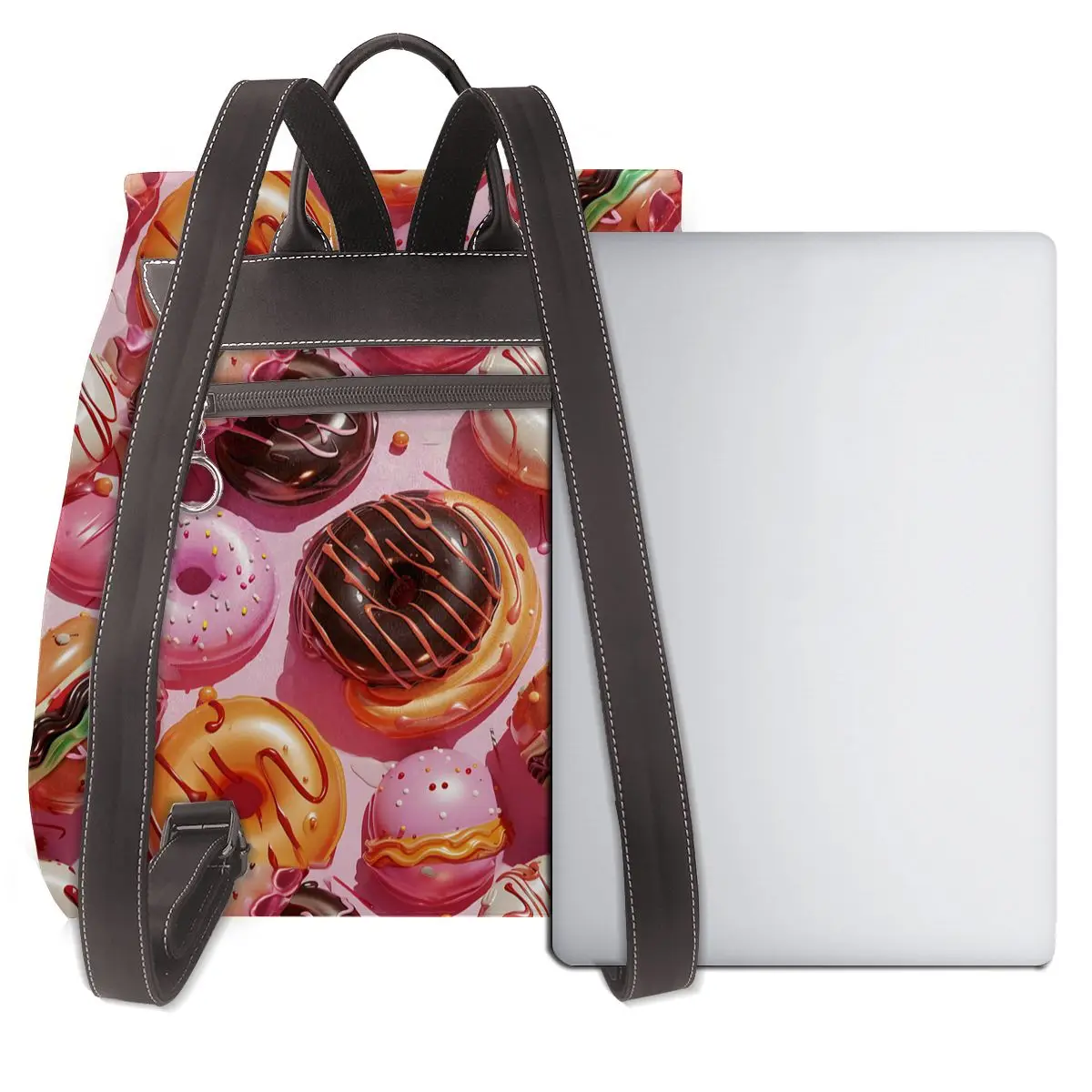 달콤한 간식 핑크 배경 3D 패턴 새로운 여성용 배낭 디자이너 고품질 가죽 심플 패션 대용량 배낭