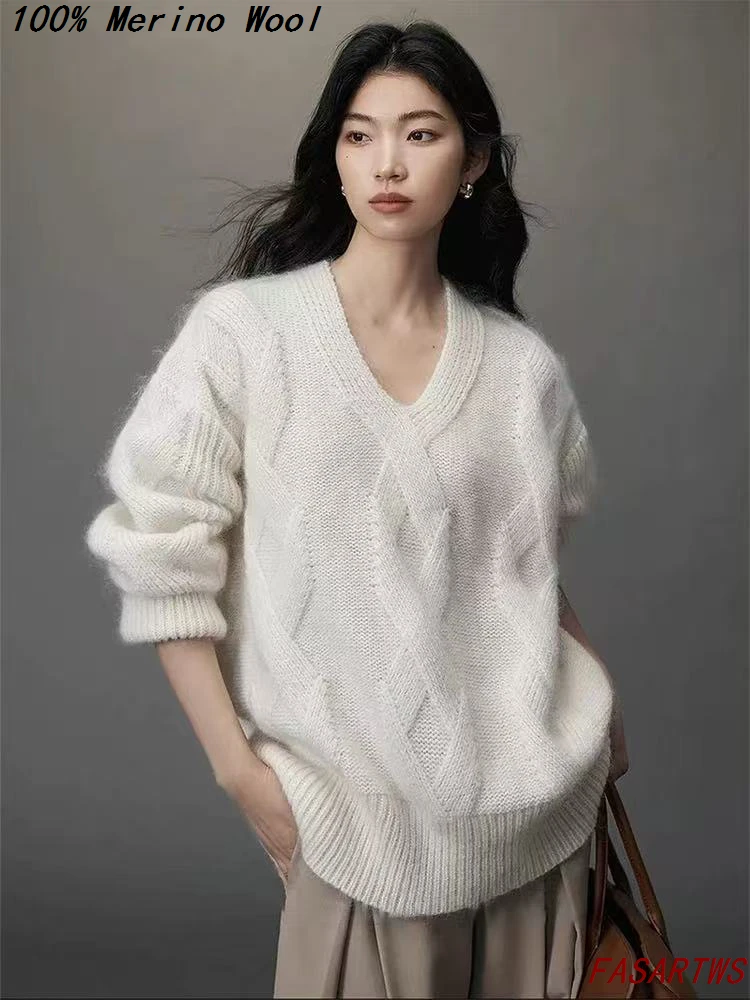 

Plus Size 100% Merino Wool Sweater V-Neck Pullover Casual Fashion Ladies' Autumn Winter Thick Warm Loose Knitwear Jacquard Top