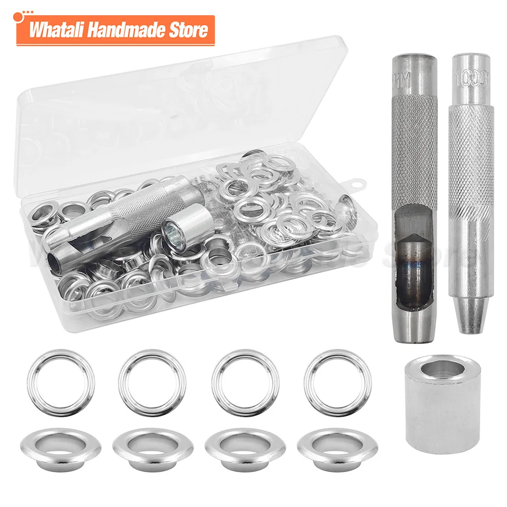Image of 100 Sets 2-14 mm Ösenringe aus Metall mit Installationswerkzeug-Sets für DIY-Schuhe, Handtaschen, Lederhandwerkszubehör