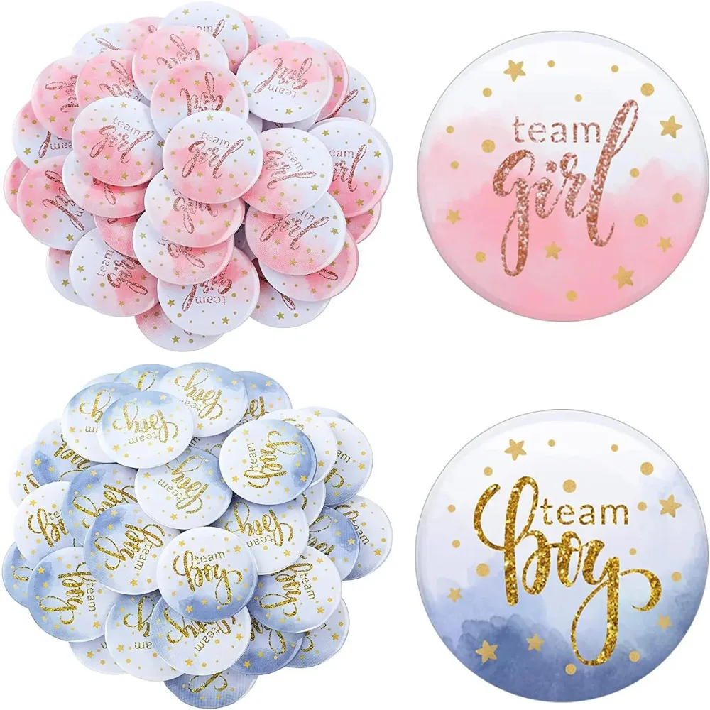 10Pcs Gender Reveal Theme Tinplate Badges Team Boy Girl Button Pins for Baby Shower Birthday Guests Party Favors Decoration