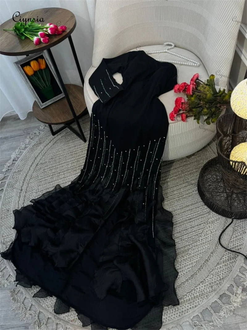 Ciynsia Black Saudi Arabic Dubai Evening Dresses Mermaid One Shoulder Formal Prom Gown Organza Ruffles Beading فساتين سهرة