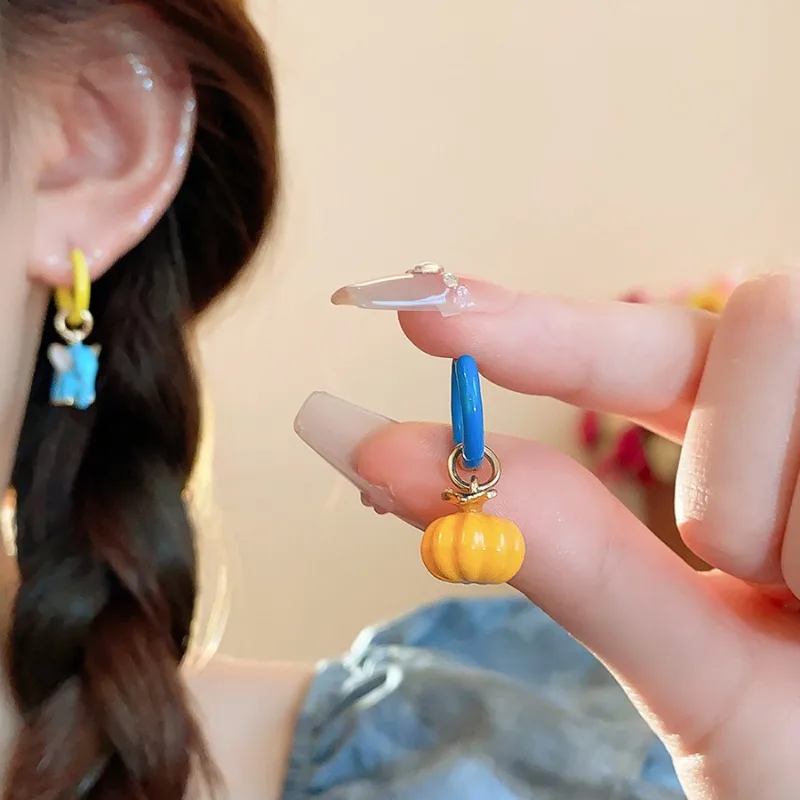 Minar Personality Mix Color Enamel Abstract Cartoonanimal Elephant Pumpkin Asymmetric Hoop Earrings for Women Every Day Jewelry