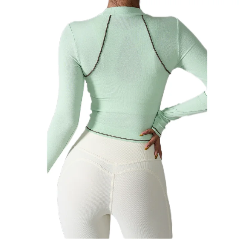 

Спортивная футболка, бег, костюм для фитнеса, индивидуальная цветная блокировка, телесный цвет, костюм для йоги с длинными рукавами для женщин