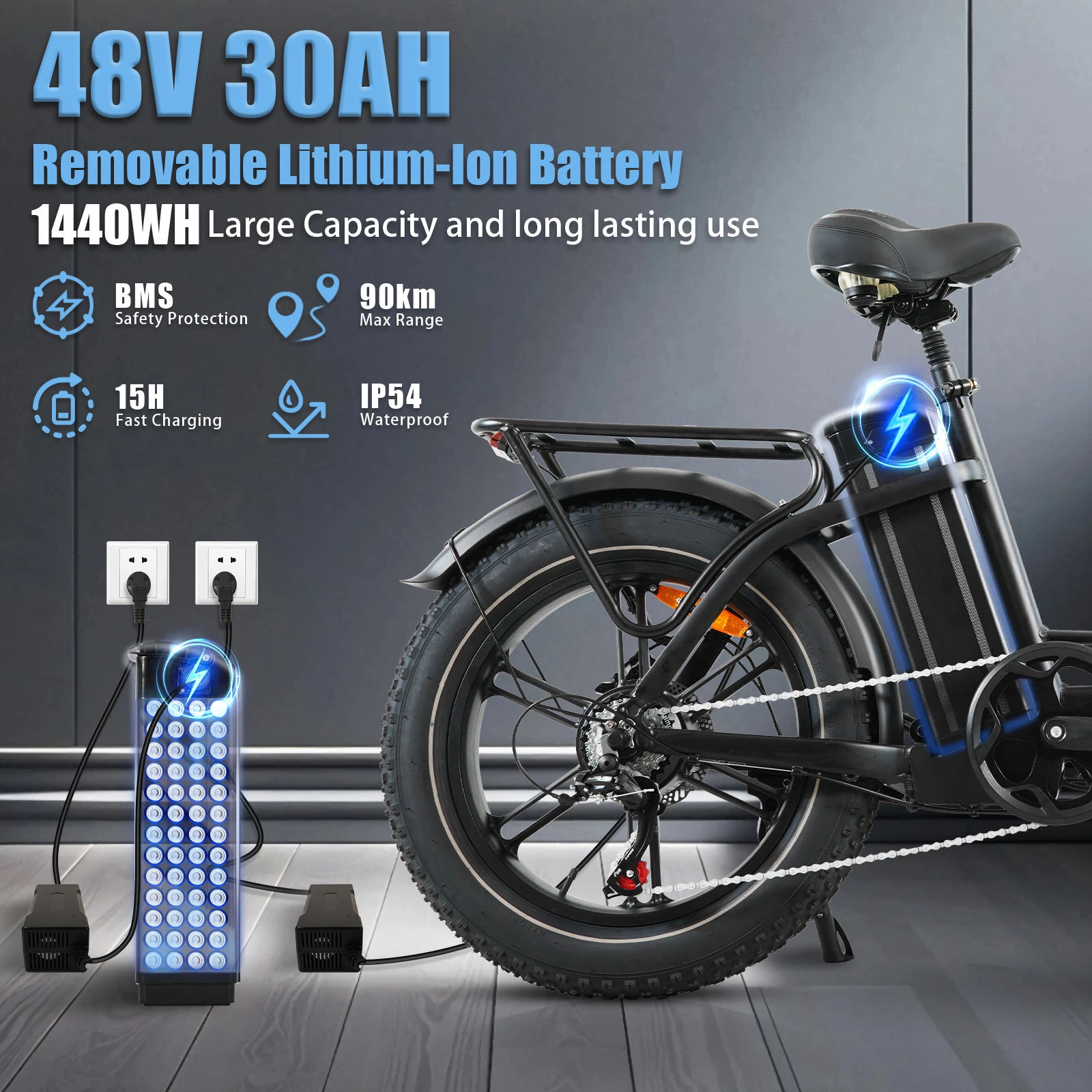 Bicicleta eléctrica plegable CMACEWHEEL Y20PRO con motor sin escobillas, batería extraíble de 48 V y 30 Ah, autonomía de 90 km, suspensión en la horquilla delantera, bicicleta eléctrica de montaña, neumáticos anchos de 20 x 4,0 pulgadas, ideal para desplazamientos en la nieve o por la ciudad, bicicleta eléctrica para todo tipo de terrenos, para adultos.