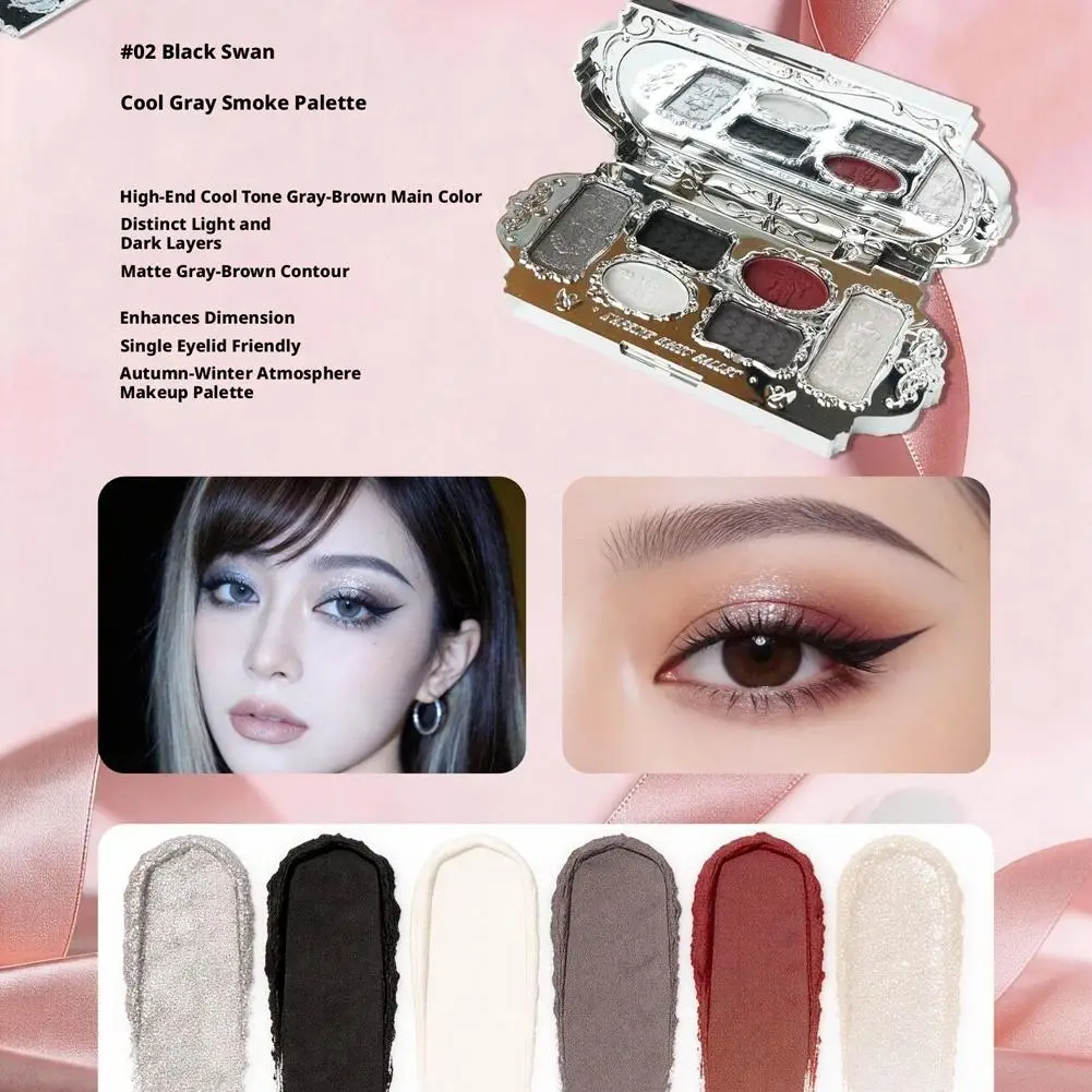 6 Color Eyeshadow Palette Swan Compact Matte Shimmer Crease Resistant Blendable Gothic Grunge Smokey Eye Makeup view 4