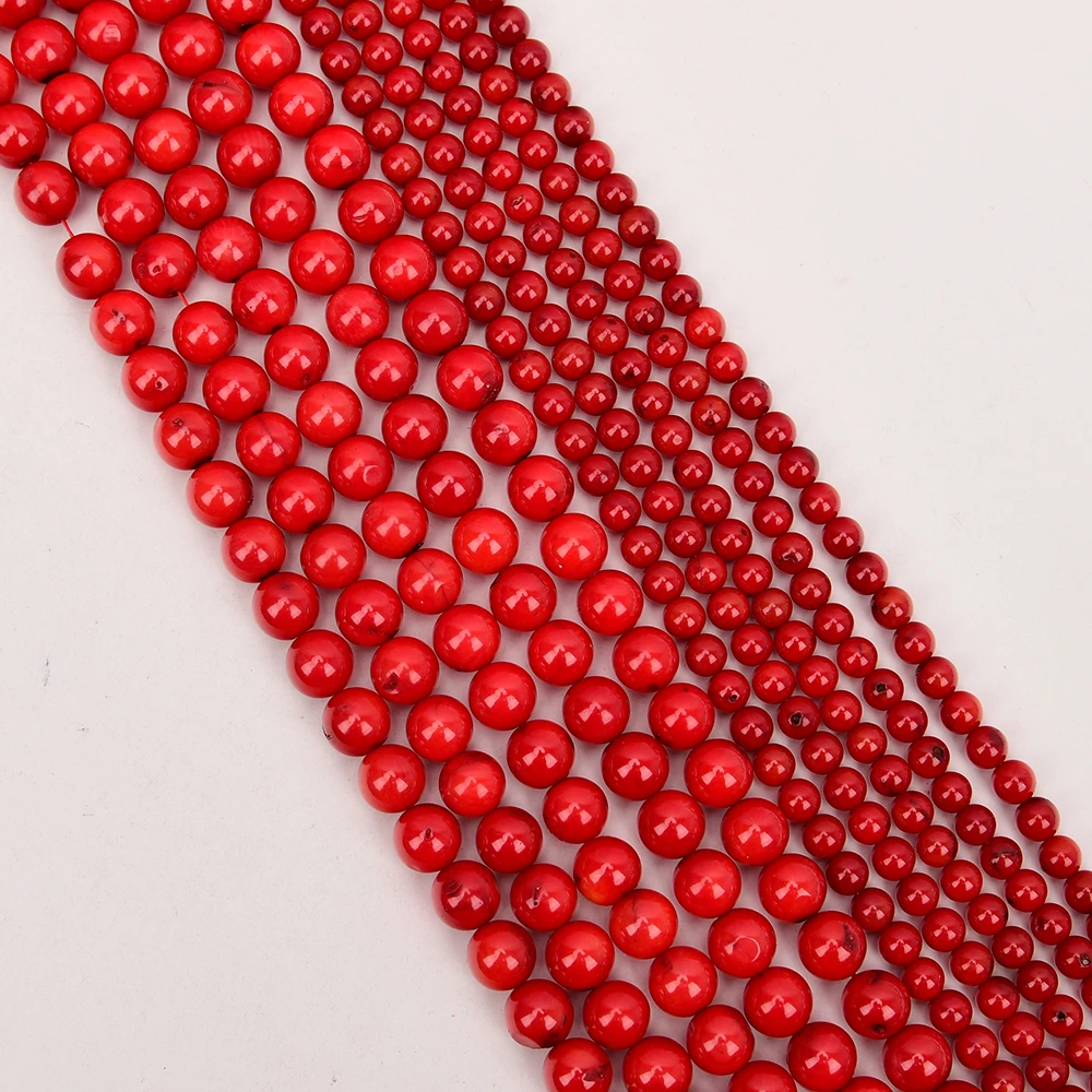 APDGG 2 Strands Natural A- Red Coral Smooth Round Loose Gems Beads Strand 15.5\'\' Pearl Necklace Jewelry Making DIY