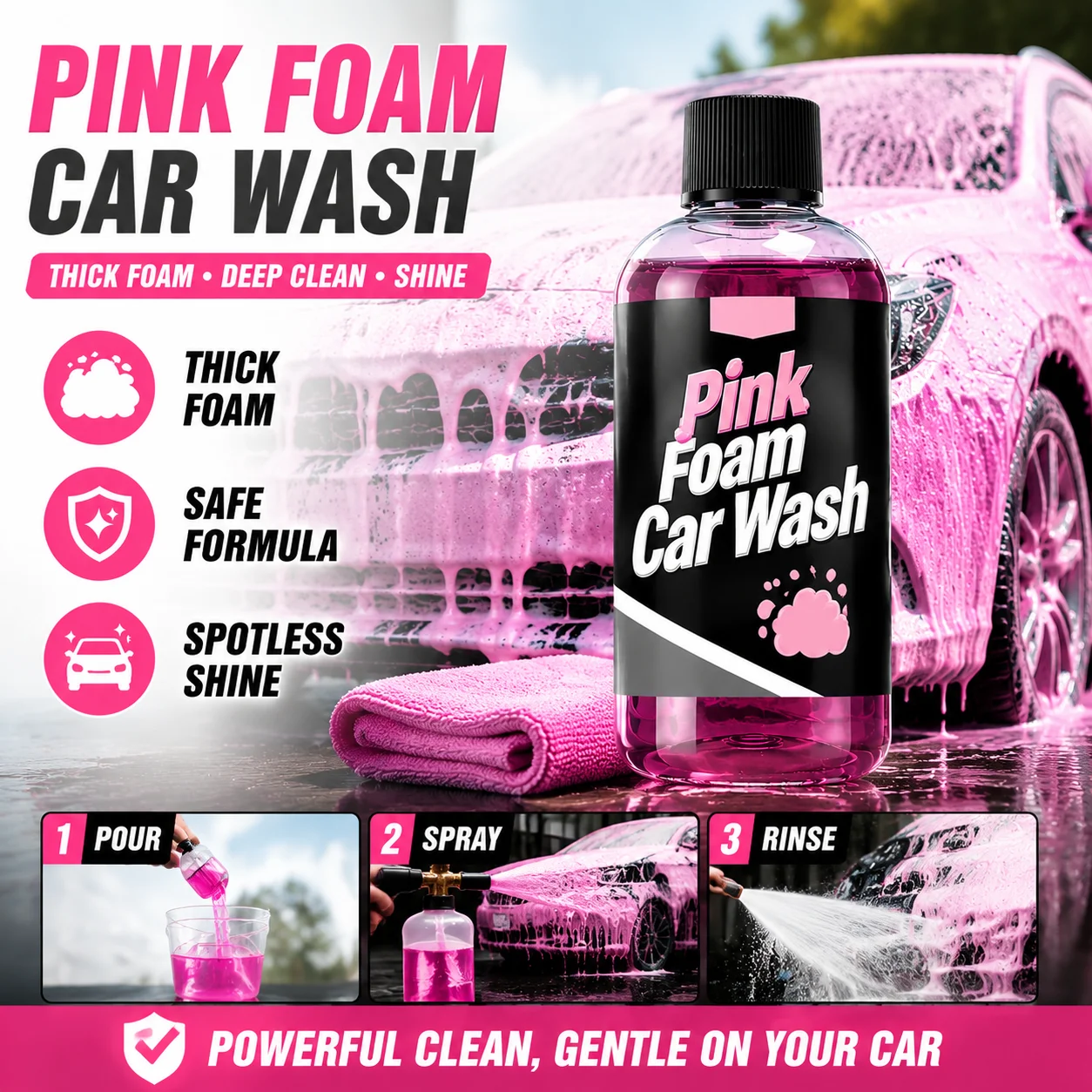 Car Wash Foam Shampoo Rich Pink Snow Foam Cleaner Deep Cleaning Touchless Soap Paint Safe Auto Detailing Wash Supply