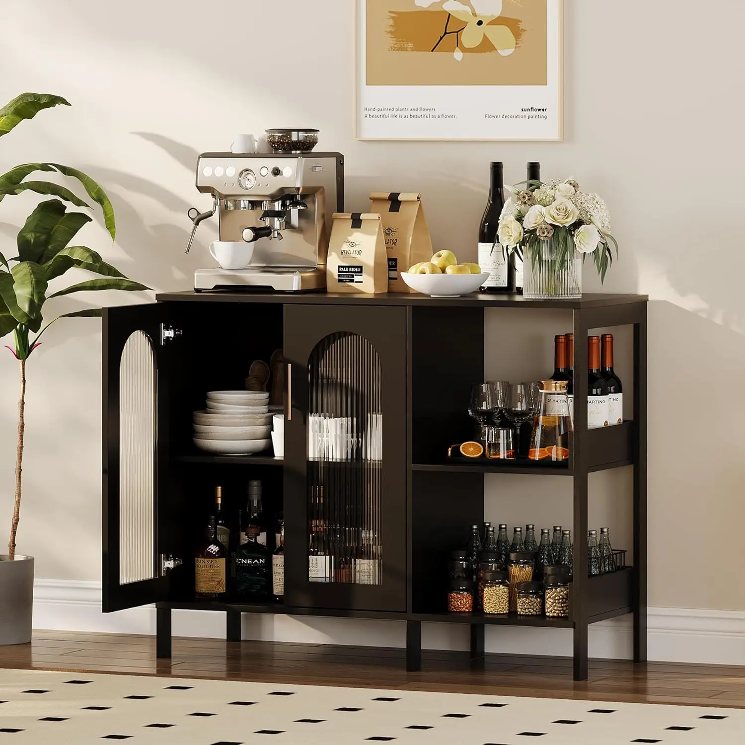 

Sideboard Buffet Cabinet with Storage 39.4'', Wooden Storage Cabinets with Glass Doors, Two Golden Metal Handles, Modern