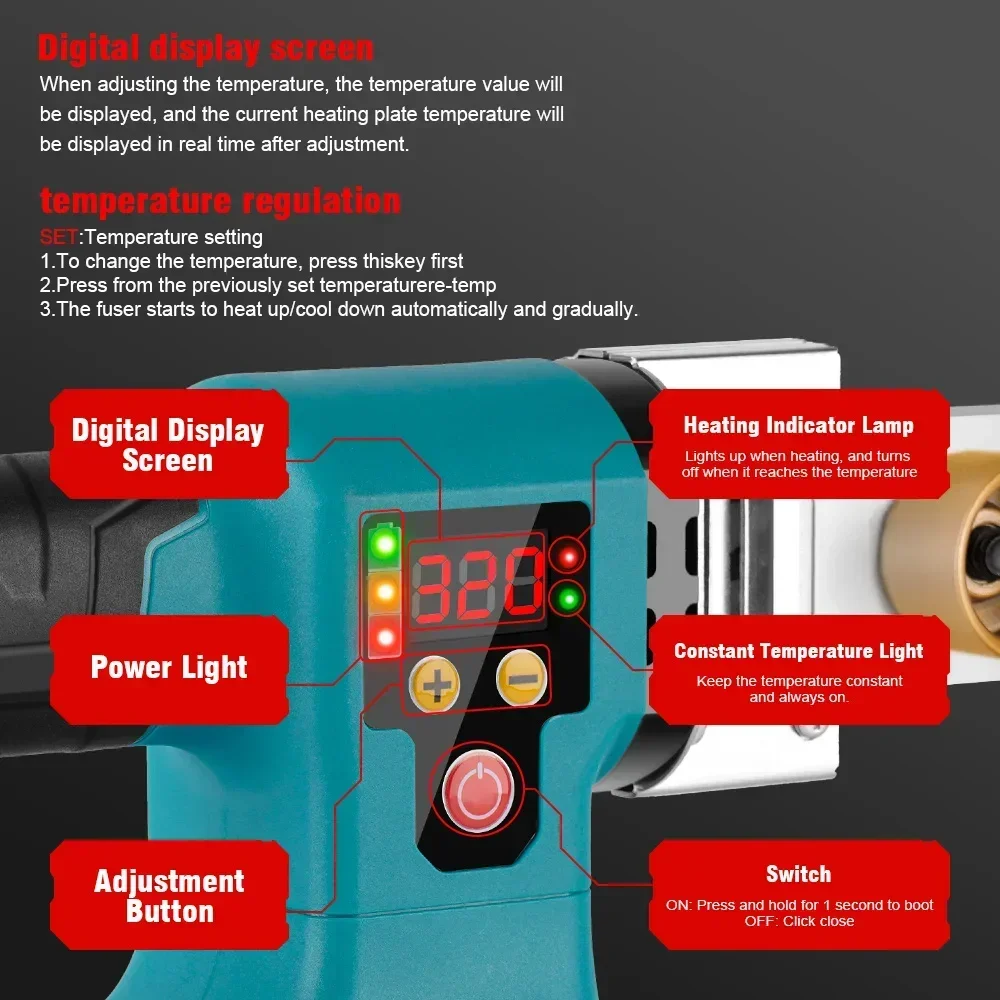 1400W 320 °   Saldatrice di plastica per fusione di tubi dell'acqua PPR senza fili ricaricabile 588VF per batteria 21V 18V