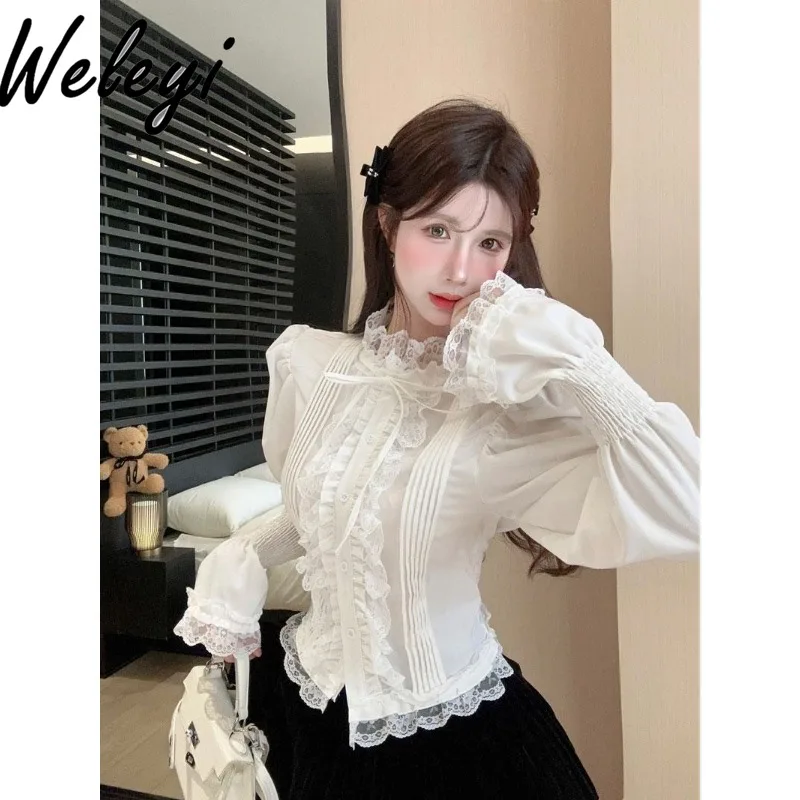 Sweet Lace Bubble Long Sleeve Versatile Shirts Ropa Mujer Autumn Cute French Court Style Slim Fit Women Luxury Koszule I Bluzki